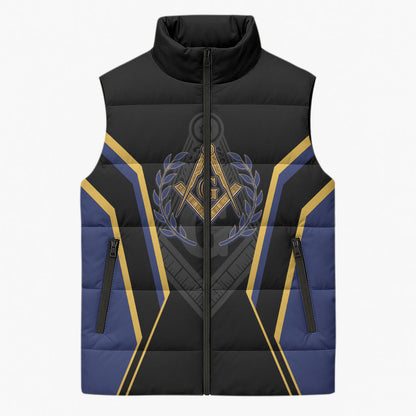 Personalized Prince Hall Freemasonry Sleeveless Puffer Jacket Royal Blue Gold Masonic Geometric Legacy Graphic