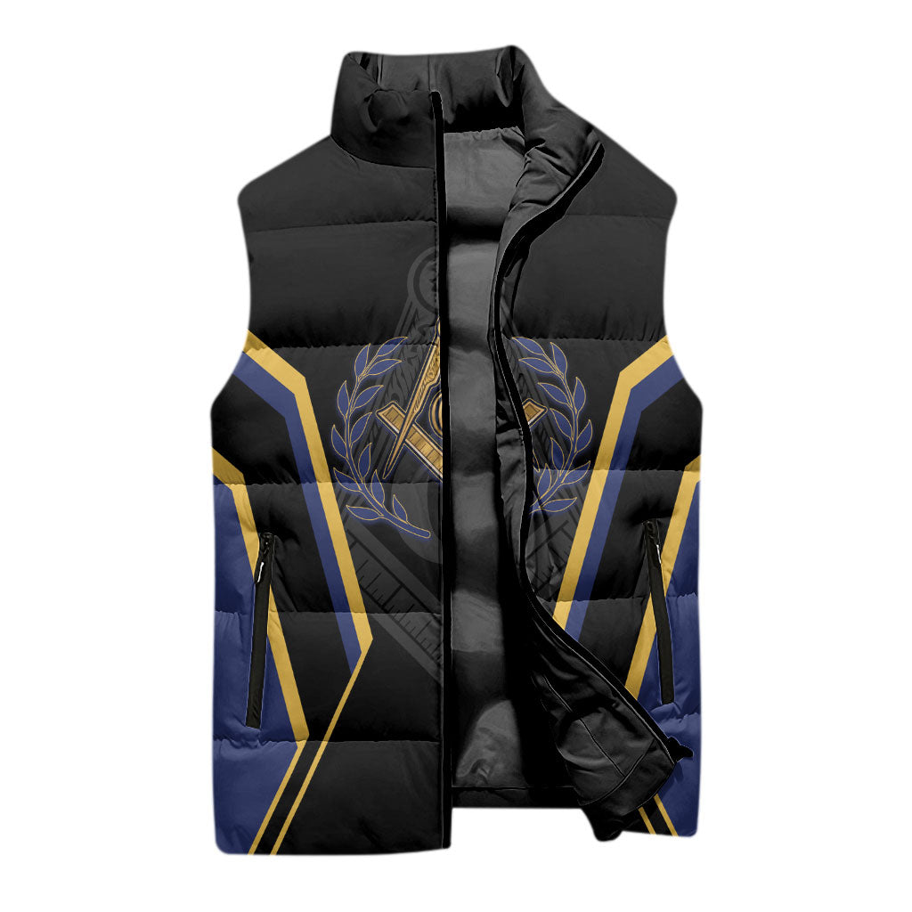 Personalized Prince Hall Freemasonry Sleeveless Puffer Jacket Royal Blue Gold Masonic Geometric Legacy Graphic