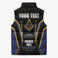 Personalized Prince Hall Freemasonry Sleeveless Puffer Jacket Royal Blue Gold Masonic Geometric Legacy Graphic