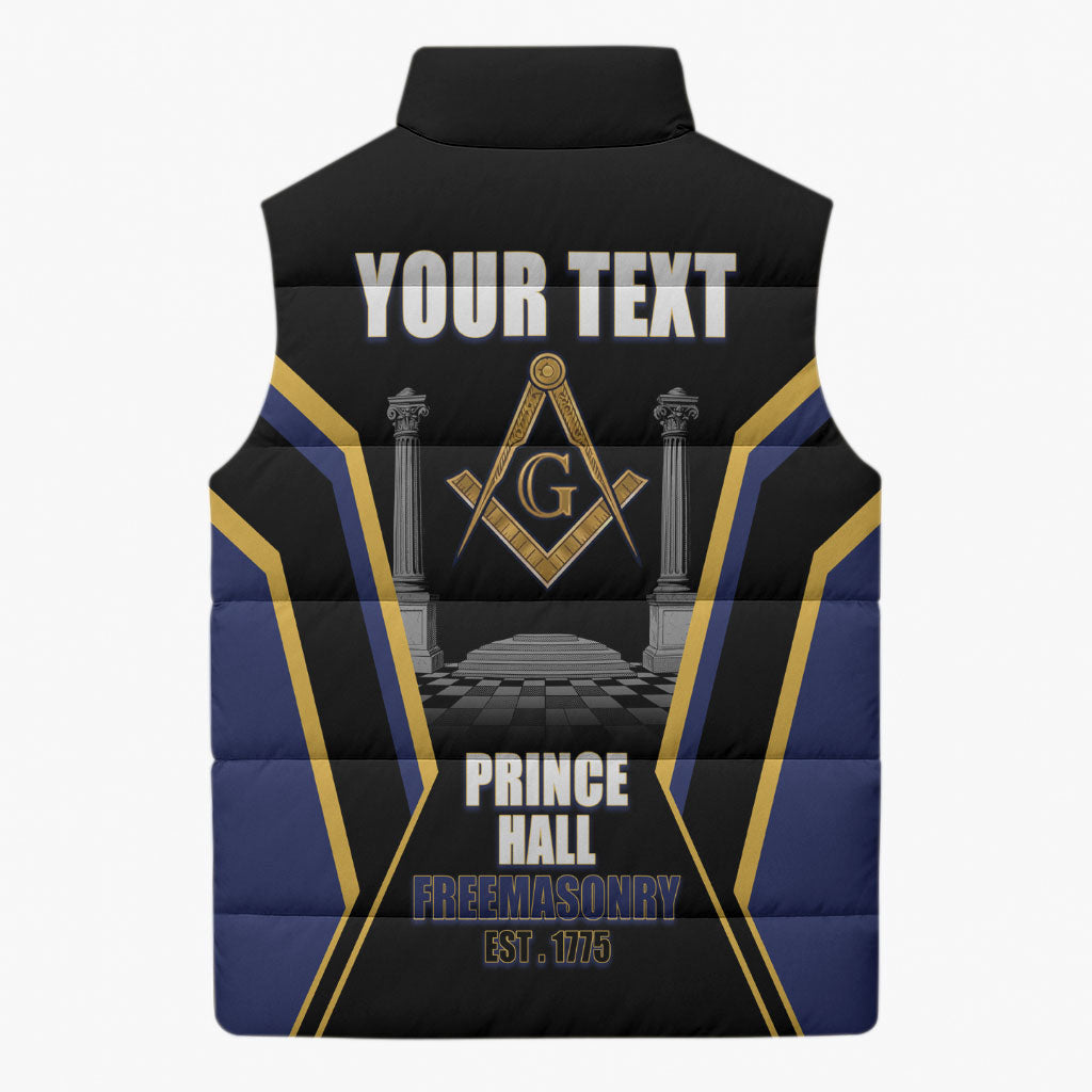 Personalized Prince Hall Freemasonry Sleeveless Puffer Jacket Royal Blue Gold Masonic Geometric Legacy Graphic
