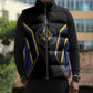 Personalized Prince Hall Freemasonry Sleeveless Puffer Jacket Royal Blue Gold Masonic Geometric Legacy Graphic