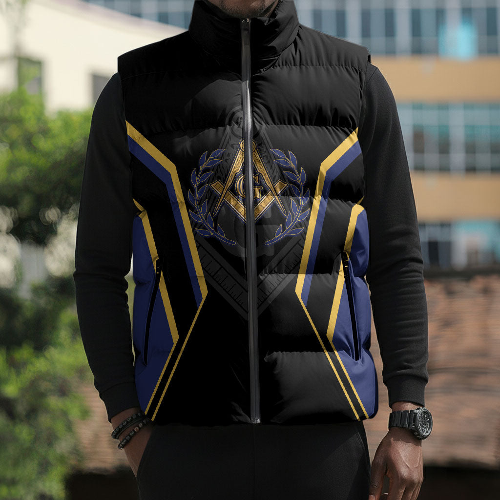 Personalized Prince Hall Freemasonry Sleeveless Puffer Jacket Royal Blue Gold Masonic Geometric Legacy Graphic