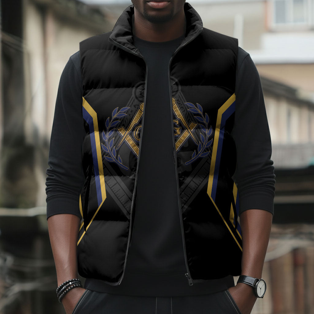Personalized Prince Hall Freemasonry Sleeveless Puffer Jacket Royal Blue Gold Masonic Geometric Legacy Graphic