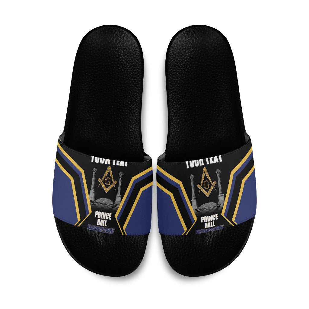 Personalized Prince Hall Freemasonry Slide Sandals Royal Blue Gold Masonic Geometric Legacy Graphic