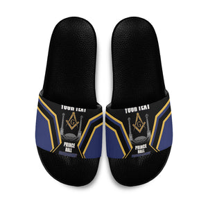Personalized Prince Hall Freemasonry Slide Sandals Royal Blue Gold Masonic Geometric Legacy Graphic