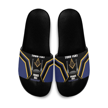 Personalized Prince Hall Freemasonry Slide Sandals Royal Blue Gold Masonic Geometric Legacy Graphic