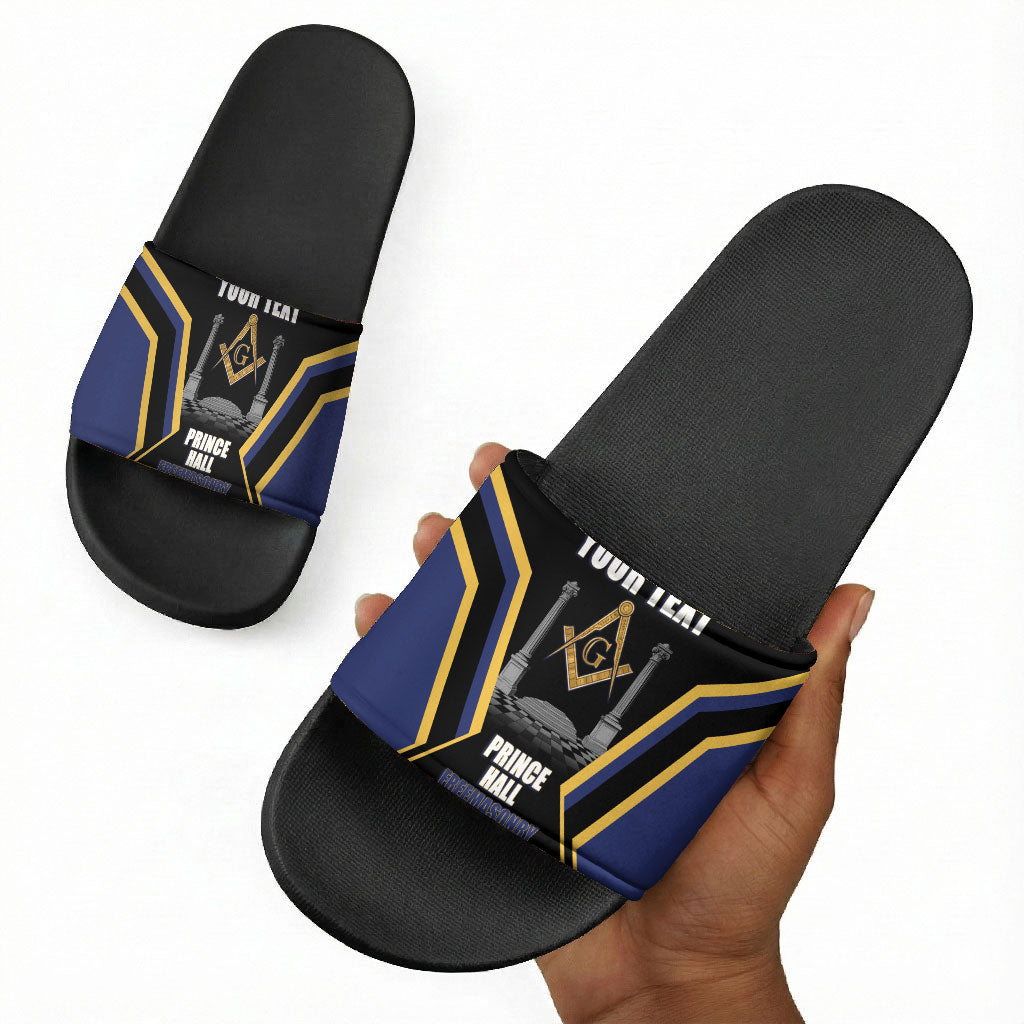 Personalized Prince Hall Freemasonry Slide Sandals Royal Blue Gold Masonic Geometric Legacy Graphic