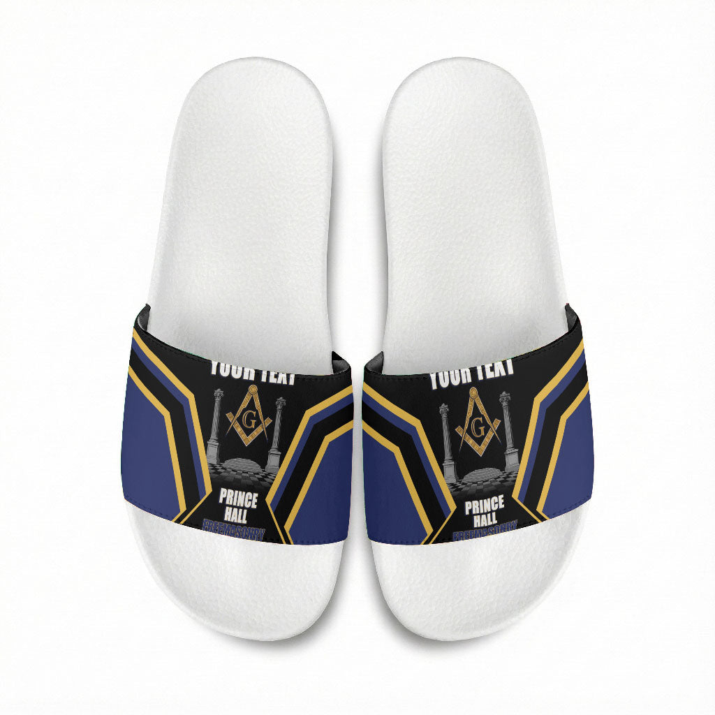 Personalized Prince Hall Freemasonry Slide Sandals Royal Blue Gold Masonic Geometric Legacy Graphic