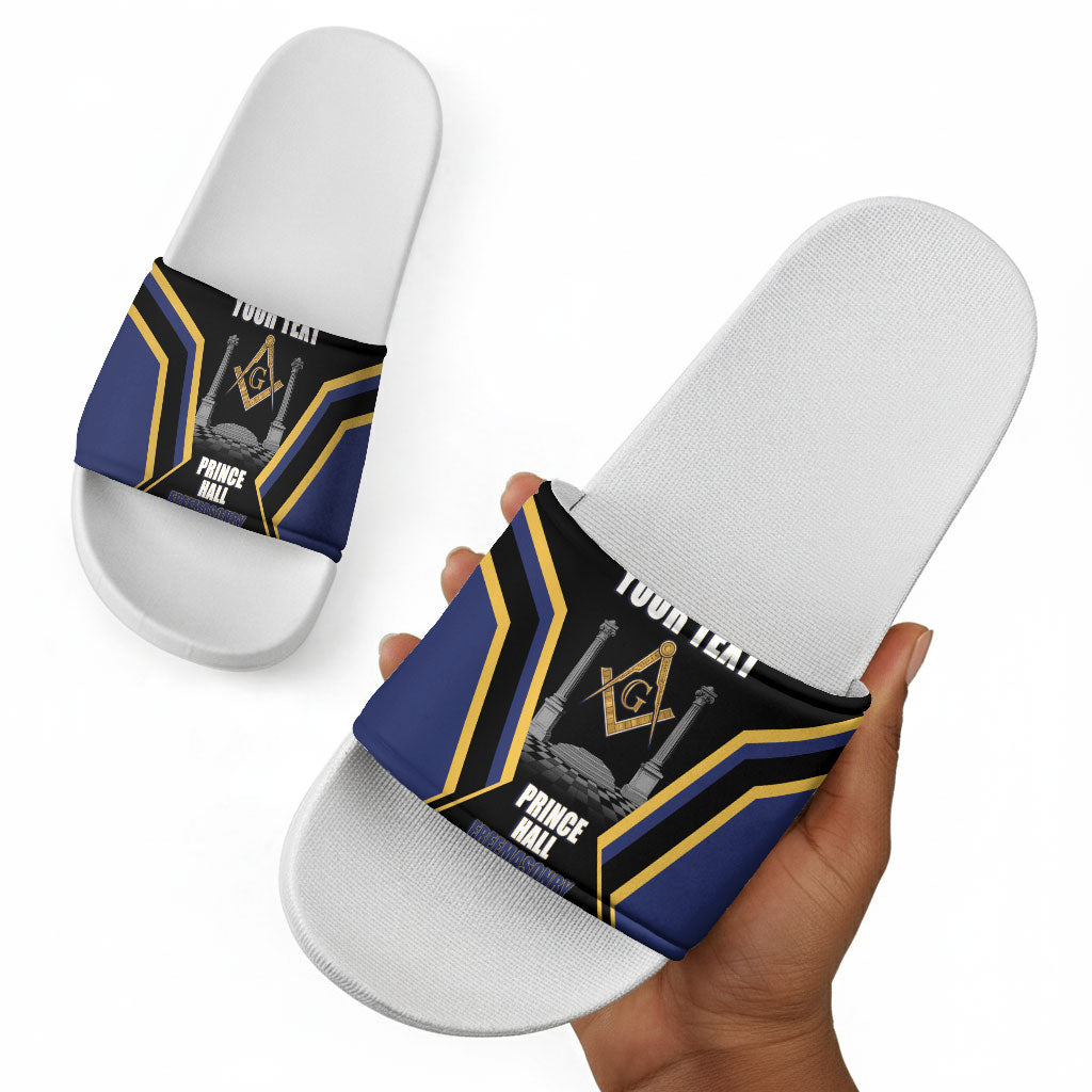 Personalized Prince Hall Freemasonry Slide Sandals Royal Blue Gold Masonic Geometric Legacy Graphic