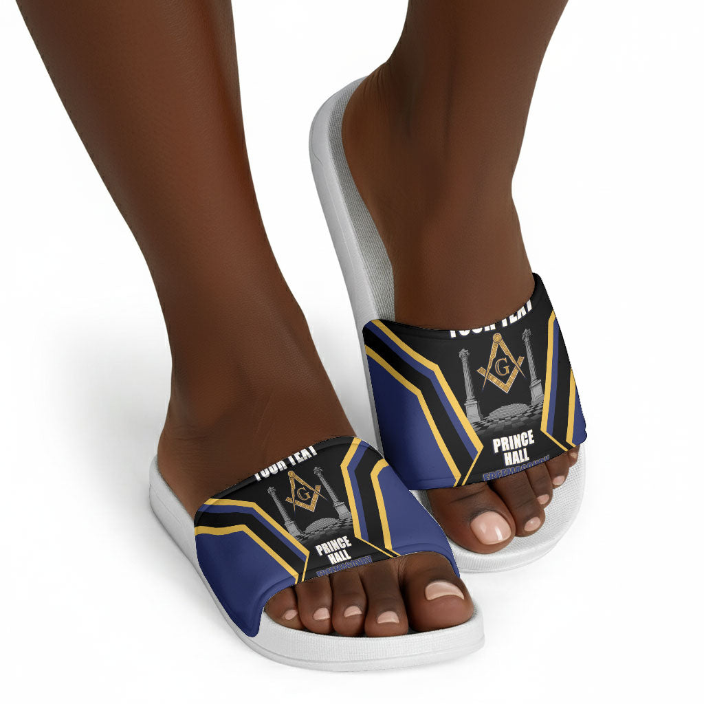 Personalized Prince Hall Freemasonry Slide Sandals Royal Blue Gold Masonic Geometric Legacy Graphic