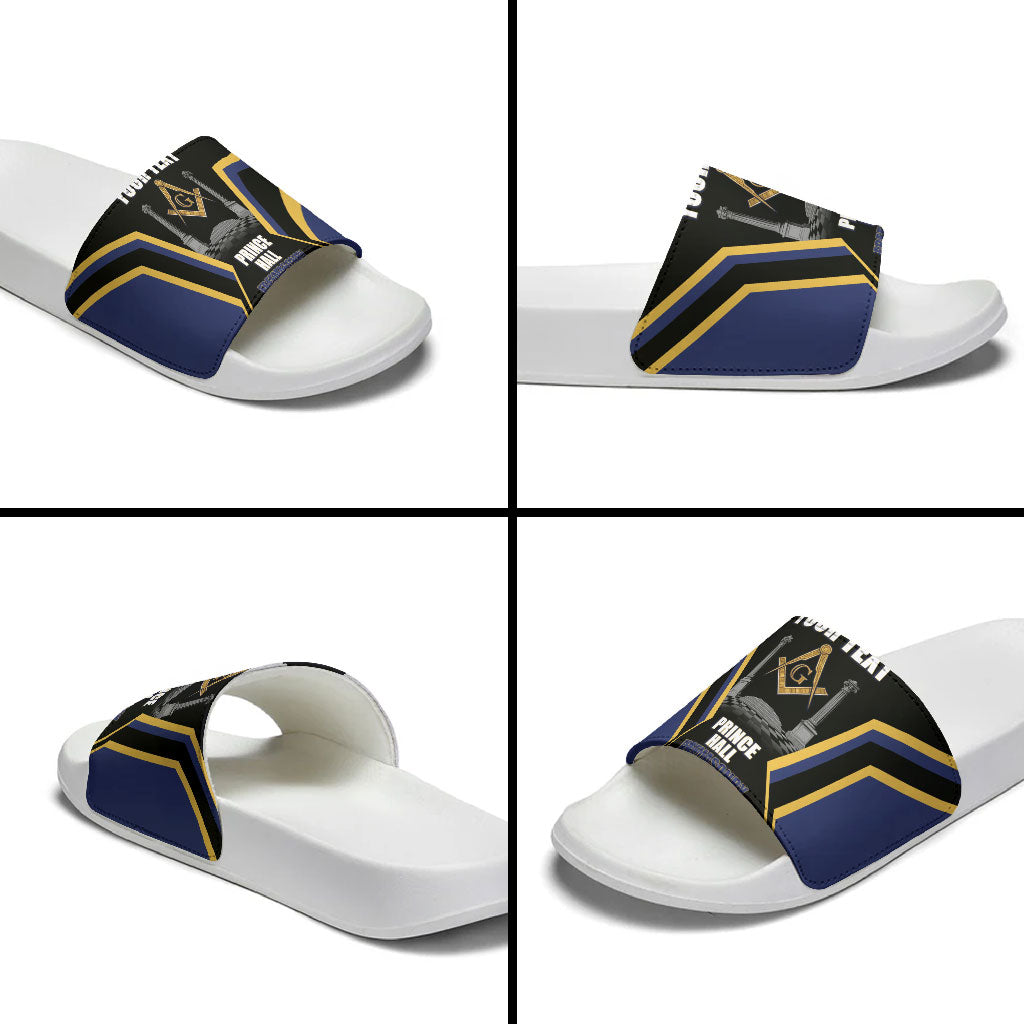 Personalized Prince Hall Freemasonry Slide Sandals Royal Blue Gold Masonic Geometric Legacy Graphic