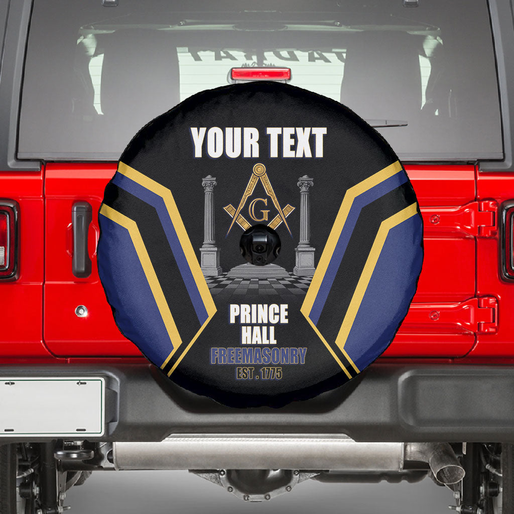 Personalized Prince Hall Freemasonry Spare Tire Cover Royal Blue Gold Masonic Geometric Legacy Graphic