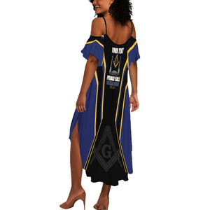Personalized Prince Hall Freemasonry Summer Maxi Dress Royal Blue Gold Masonic Geometric Legacy Graphic