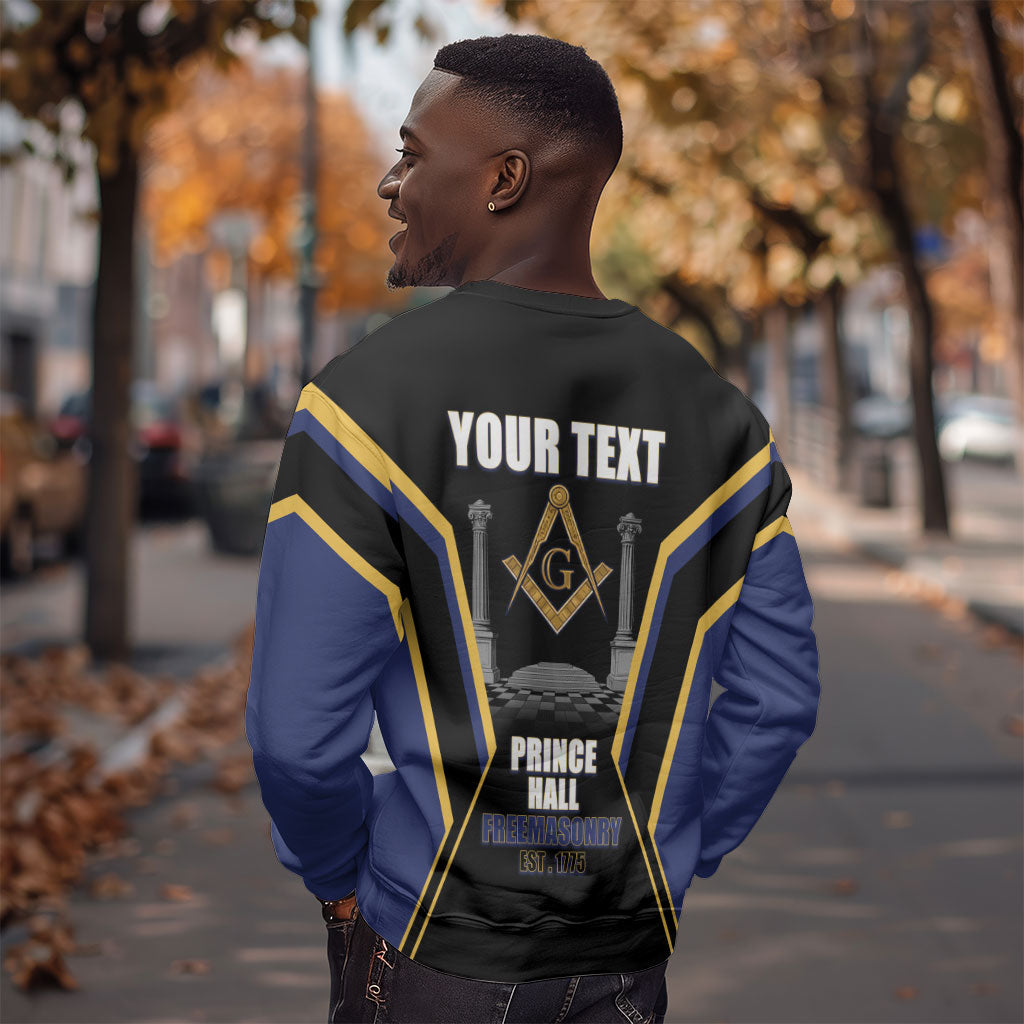 Personalized Prince Hall Freemasonry Sweatshirt Royal Blue Gold Masonic Geometric Legacy Graphic