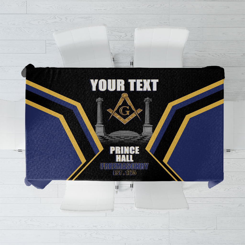Personalized Prince Hall Freemasonry Tablecloth Royal Blue Gold Masonic Geometric Legacy Graphic
