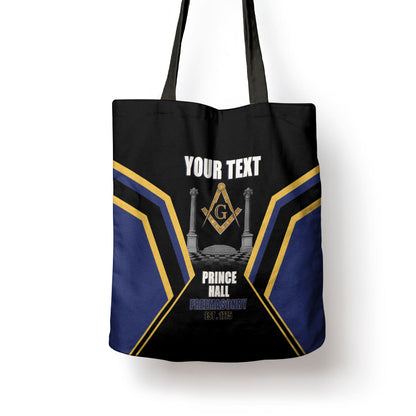 Personalized Prince Hall Freemasonry Tote Bag Royal Blue Gold Masonic Geometric Legacy Graphic