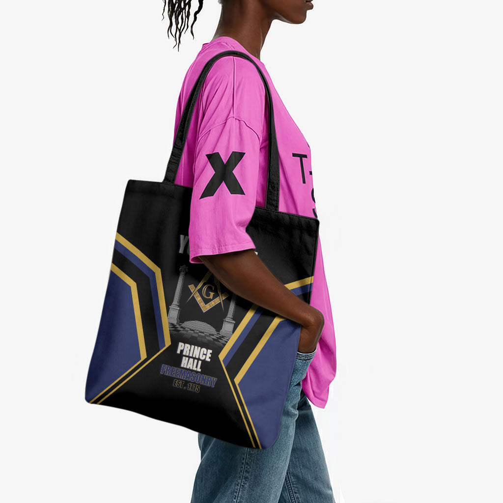 Personalized Prince Hall Freemasonry Tote Bag Royal Blue Gold Masonic Geometric Legacy Graphic
