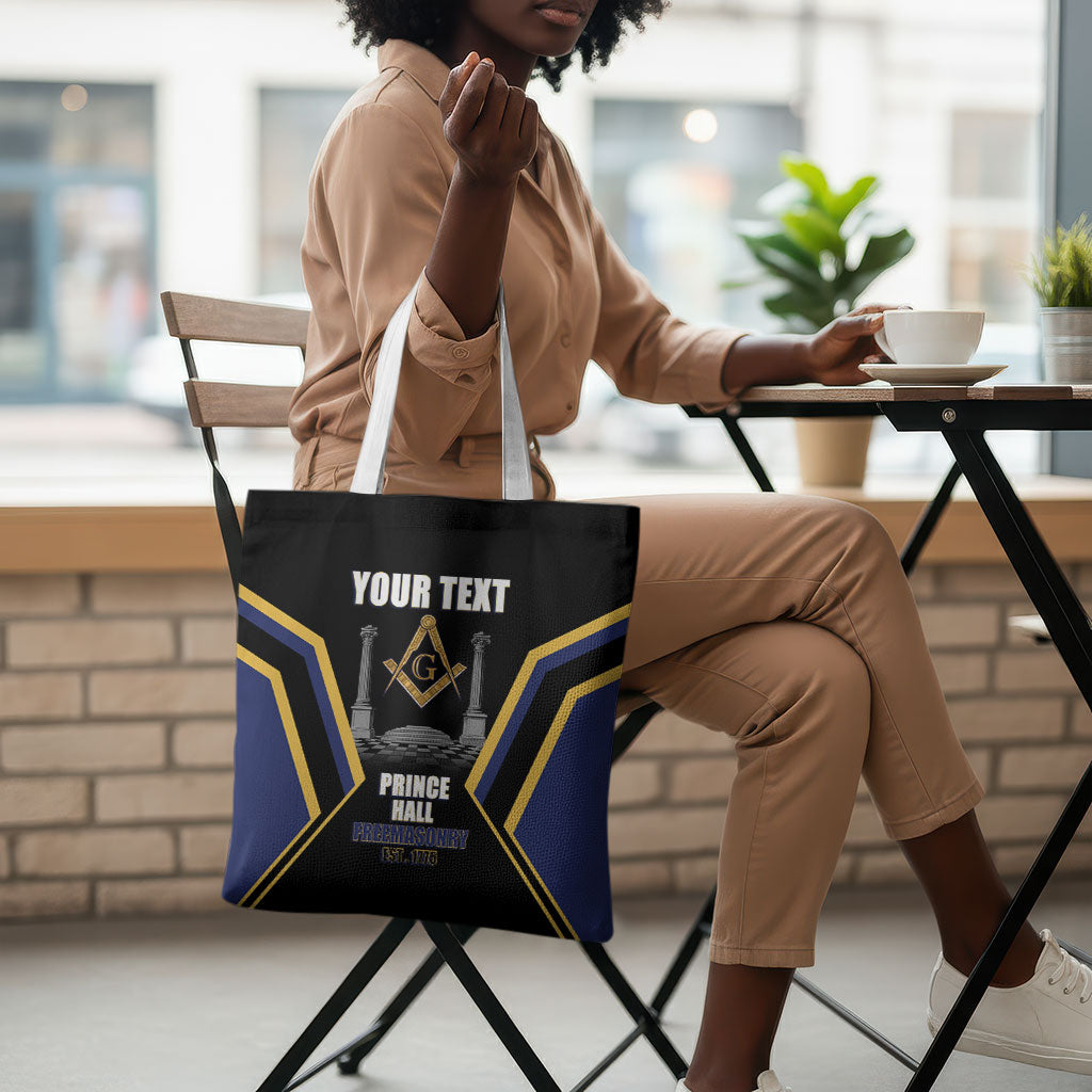 Personalized Prince Hall Freemasonry Tote Bag Royal Blue Gold Masonic Geometric Legacy Graphic