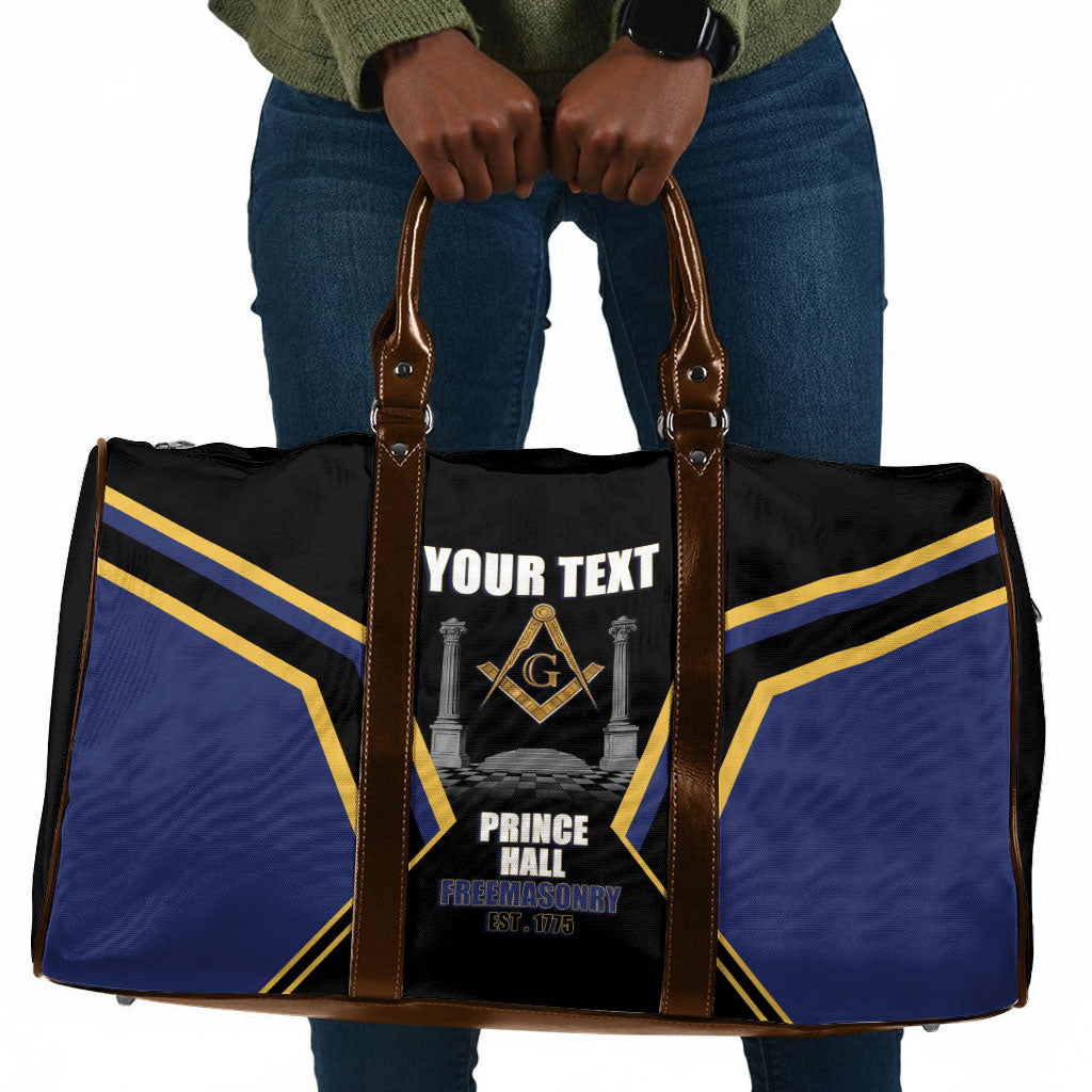 Personalized Prince Hall Freemasonry Travel Bag Royal Blue Gold Masonic Geometric Legacy Graphic