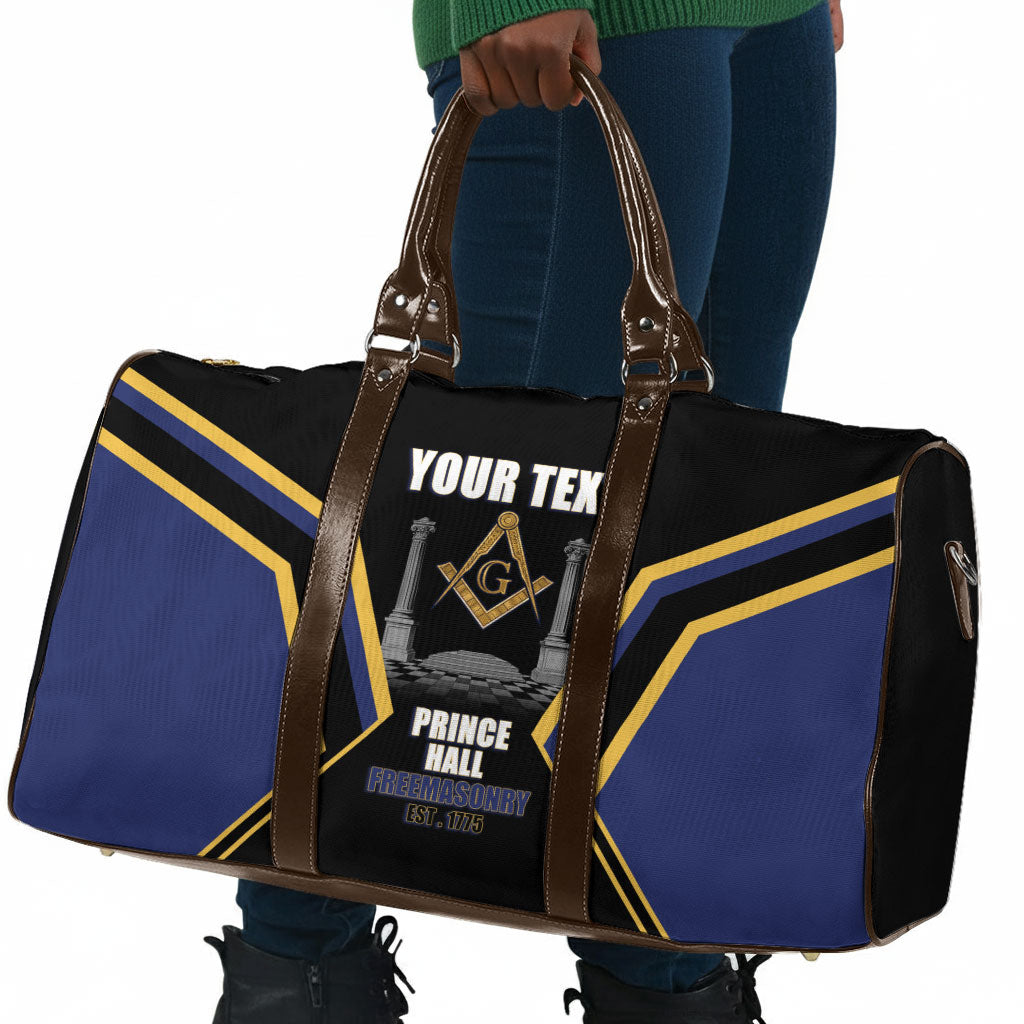 Personalized Prince Hall Freemasonry Travel Bag Royal Blue Gold Masonic Geometric Legacy Graphic