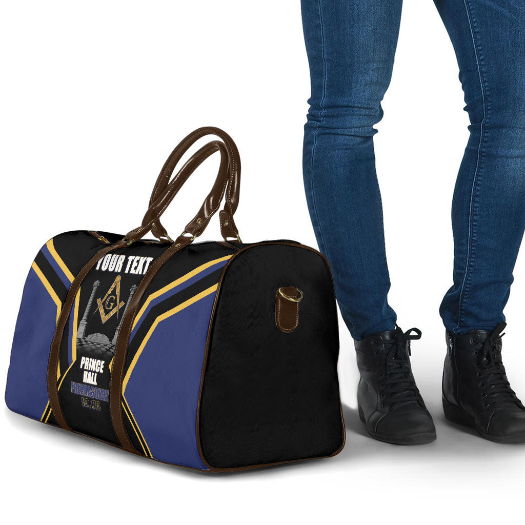 Personalized Prince Hall Freemasonry Travel Bag Royal Blue Gold Masonic Geometric Legacy Graphic