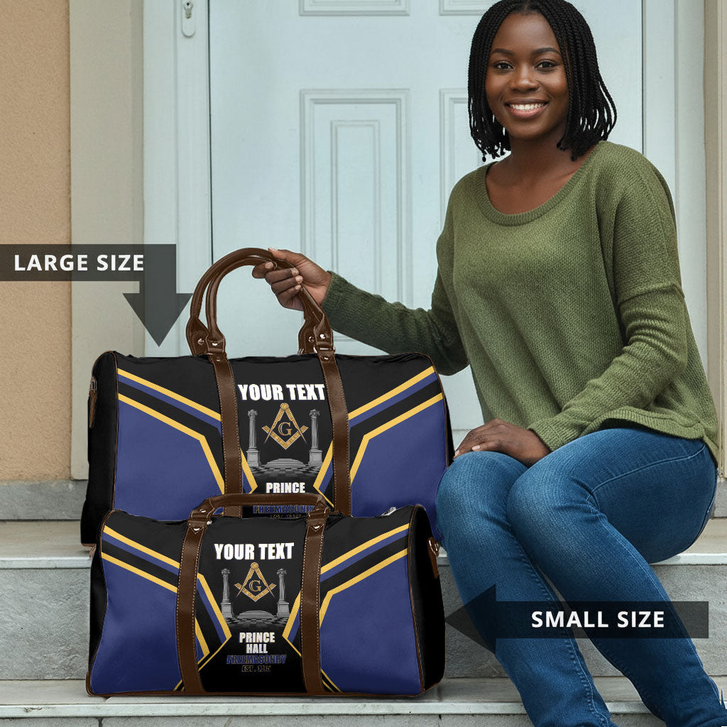 Personalized Prince Hall Freemasonry Travel Bag Royal Blue Gold Masonic Geometric Legacy Graphic