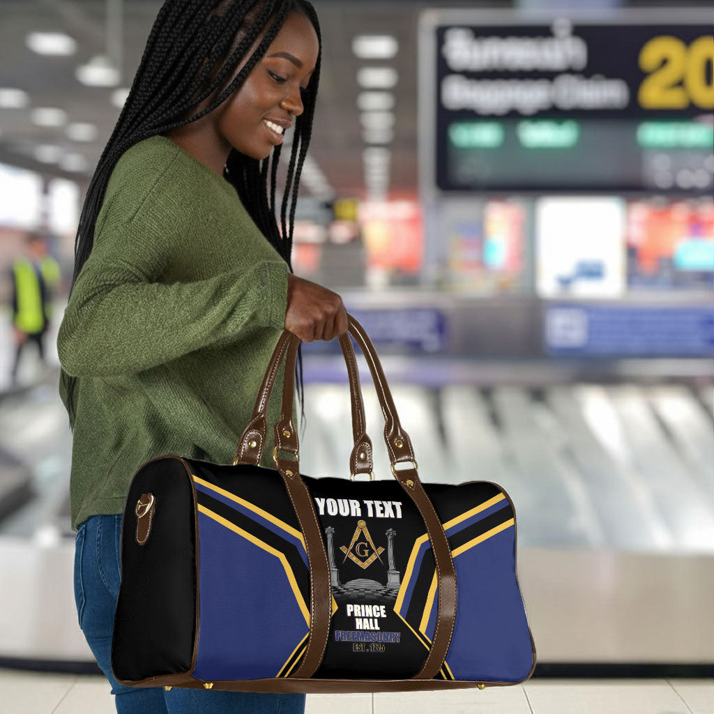 Personalized Prince Hall Freemasonry Travel Bag Royal Blue Gold Masonic Geometric Legacy Graphic