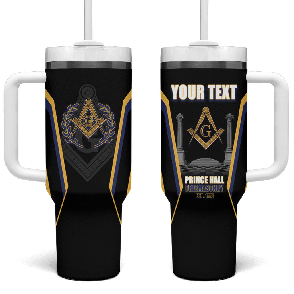 Personalized Prince Hall Freemasonry Tumbler With Handle Royal Blue Gold Masonic Geometric Legacy Graphic