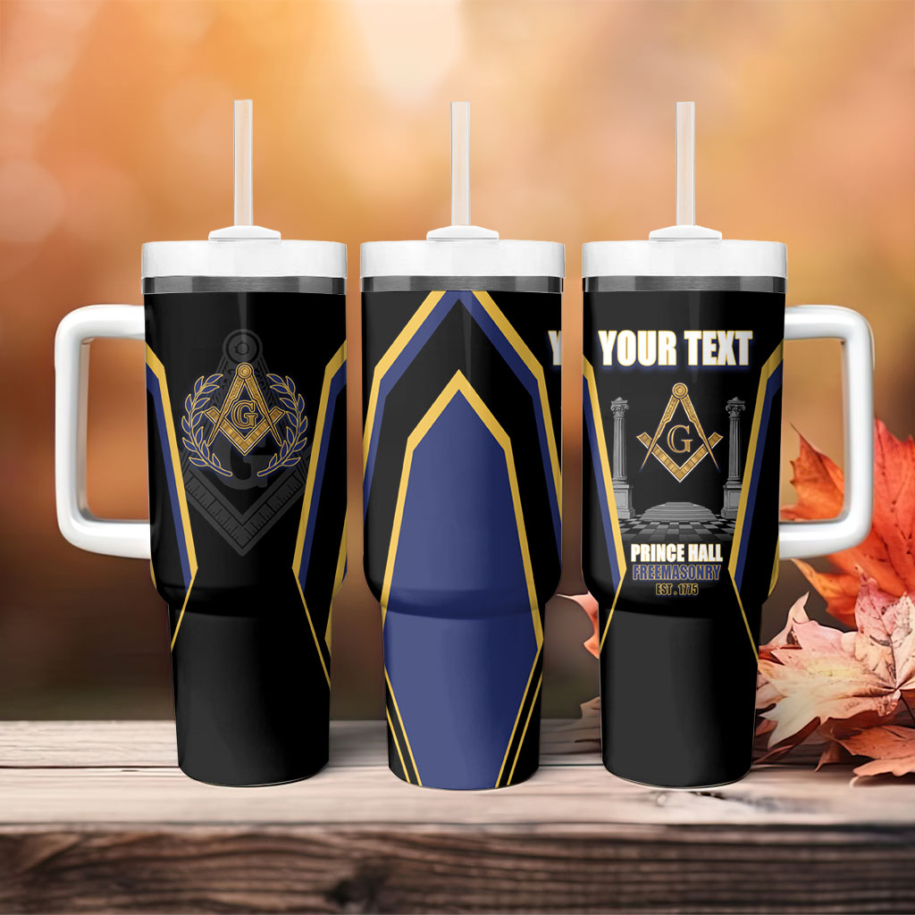 Personalized Prince Hall Freemasonry Tumbler With Handle Royal Blue Gold Masonic Geometric Legacy Graphic