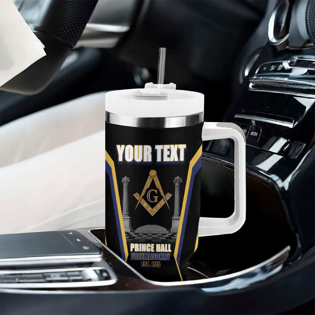 Personalized Prince Hall Freemasonry Tumbler With Handle Royal Blue Gold Masonic Geometric Legacy Graphic