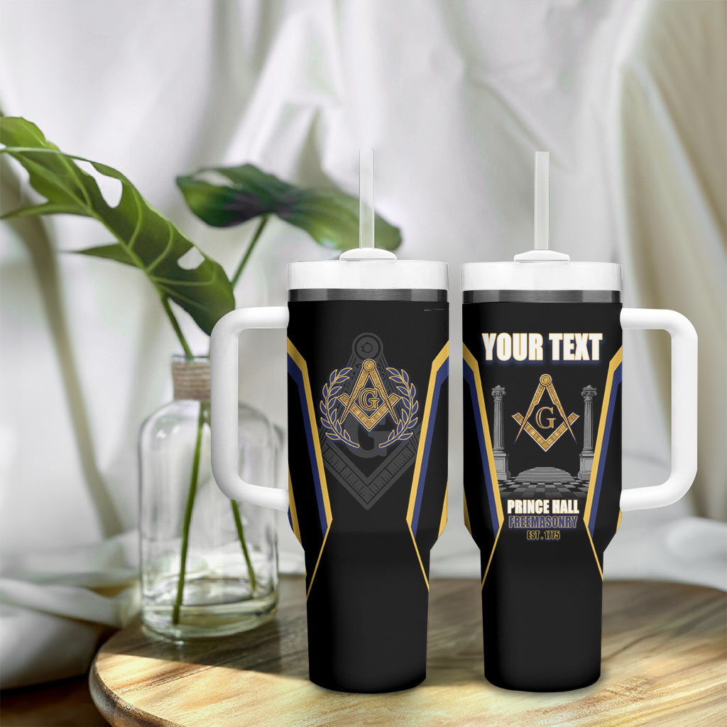 Personalized Prince Hall Freemasonry Tumbler With Handle Royal Blue Gold Masonic Geometric Legacy Graphic