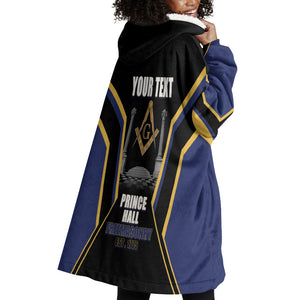 Personalized Prince Hall Freemasonry Wearable Blanket Hoodie Royal Blue Gold Masonic Geometric Legacy Graphic