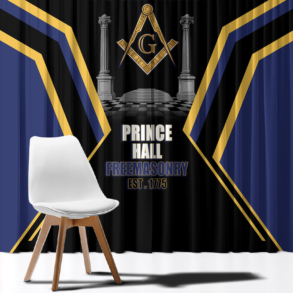 Personalized Prince Hall Freemasonry Window Curtain Royal Blue Gold Masonic Geometric Legacy Graphic