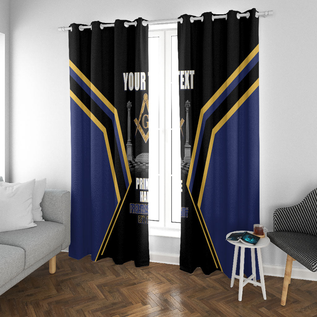 Personalized Prince Hall Freemasonry Window Curtain Royal Blue Gold Masonic Geometric Legacy Graphic