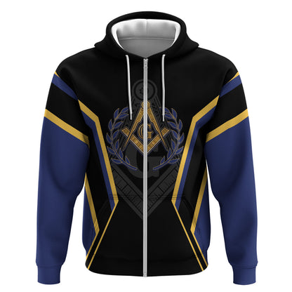 Personalized Prince Hall Freemasonry Zip Hoodie Royal Blue Gold Masonic Geometric Legacy Graphic