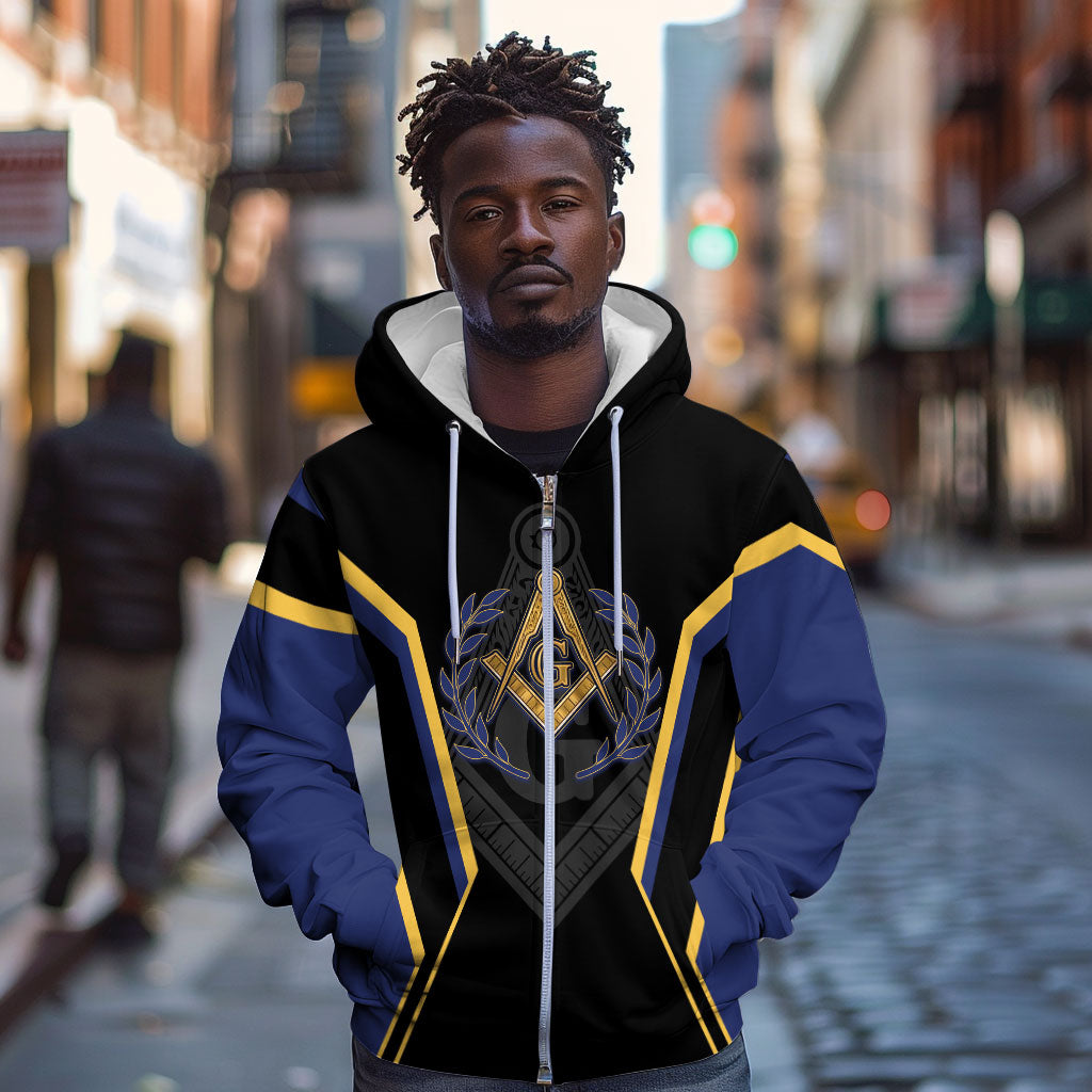 Personalized Prince Hall Freemasonry Zip Hoodie Royal Blue Gold Masonic Geometric Legacy Graphic