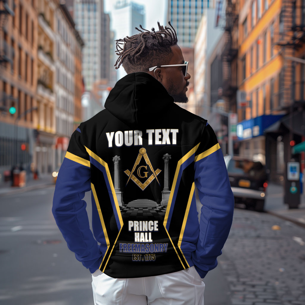 Personalized Prince Hall Freemasonry Zip Hoodie Royal Blue Gold Masonic Geometric Legacy Graphic