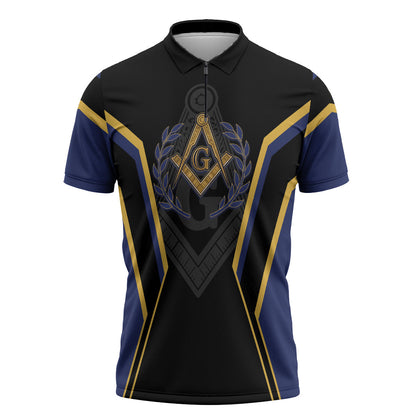 Personalized Prince Hall Freemasonry Zipper Polo Shirt Royal Blue Gold Masonic Geometric Legacy Graphic