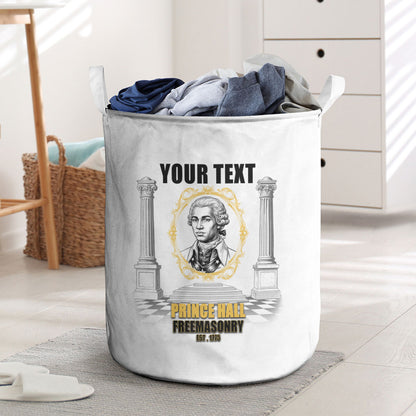 Personalized Prince Hall Freemasonry Laundry Basket Masonic Square And Compass Vintage Gold Pillar Illustration