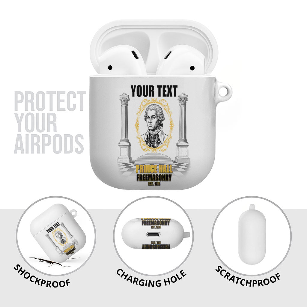 Personalized Prince Hall Freemasonry AirPods Case Masonic Square And Compass Vintage Gold Pillar Illustration
