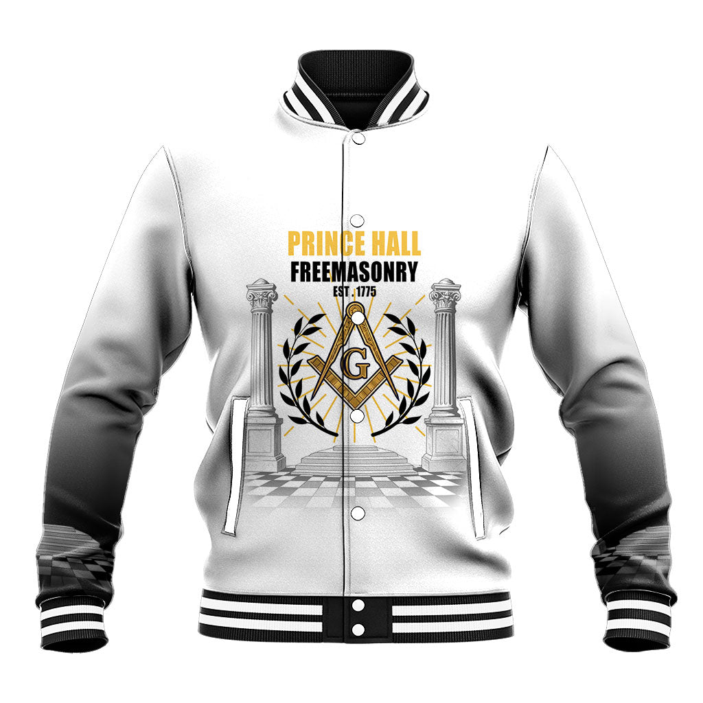 Personalized Prince Hall Freemasonry Baseball Jacket Masonic Square And Compass Vintage Gold Pillar Illustration