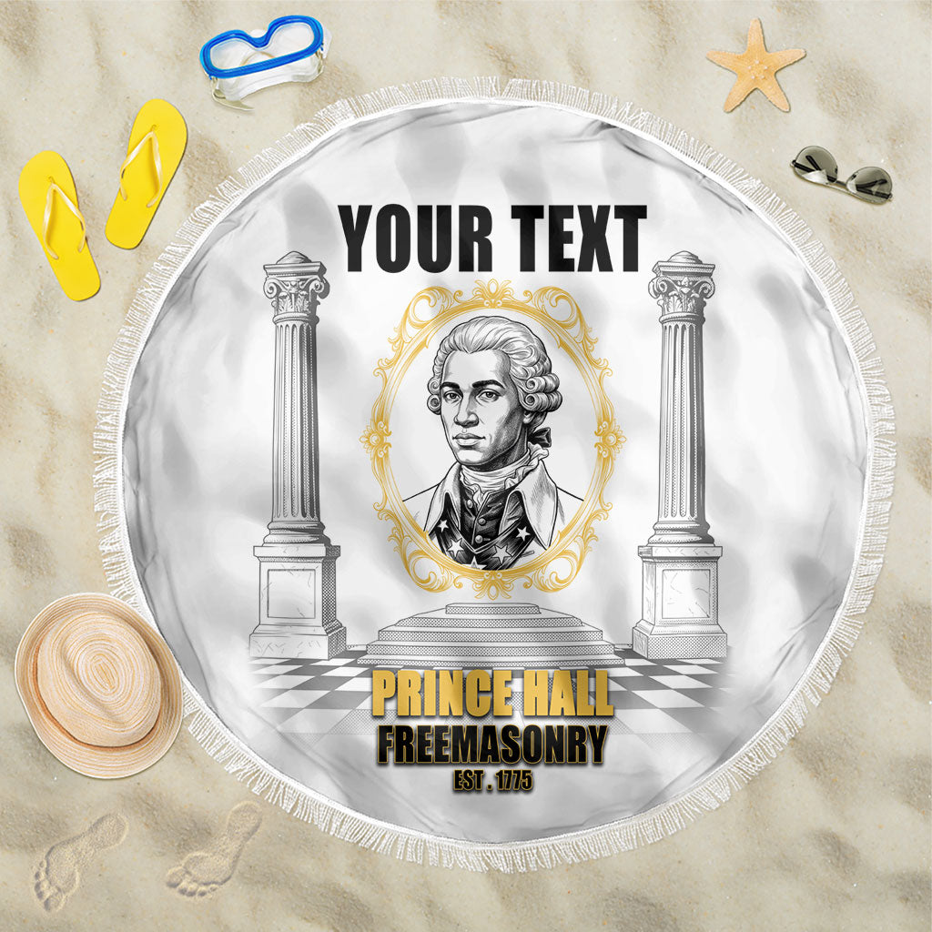 Personalized Prince Hall Freemasonry Beach Blanket Masonic Square And Compass Vintage Gold Pillar Illustration