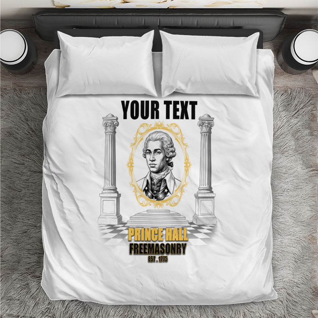 Personalized Prince Hall Freemasonry Bedding Set Masonic Square And Compass Vintage Gold Pillar Illustration