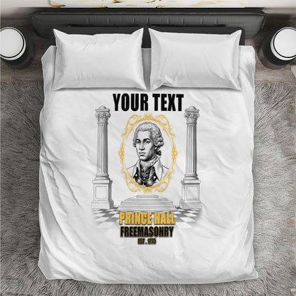 Personalized Prince Hall Freemasonry Bedding Set Masonic Square And Compass Vintage Gold Pillar Illustration