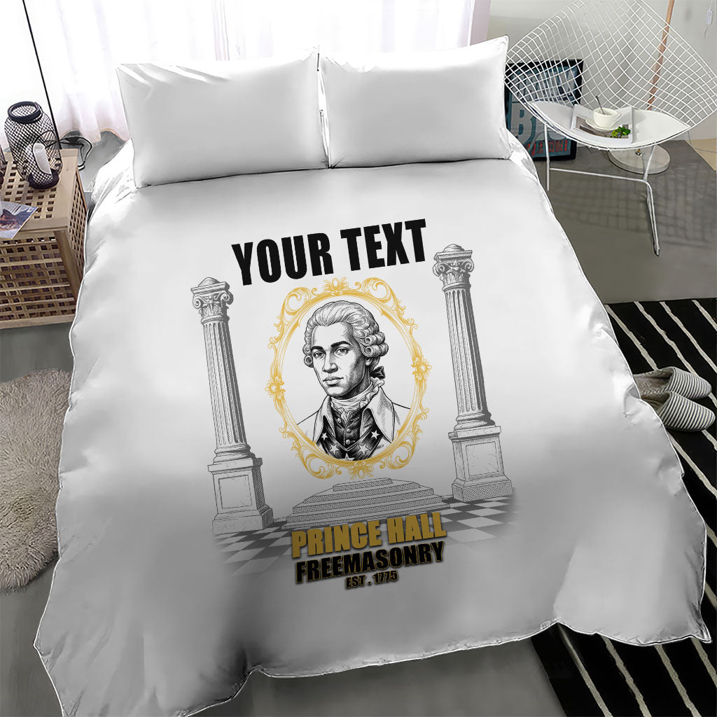 Personalized Prince Hall Freemasonry Bedding Set Masonic Square And Compass Vintage Gold Pillar Illustration