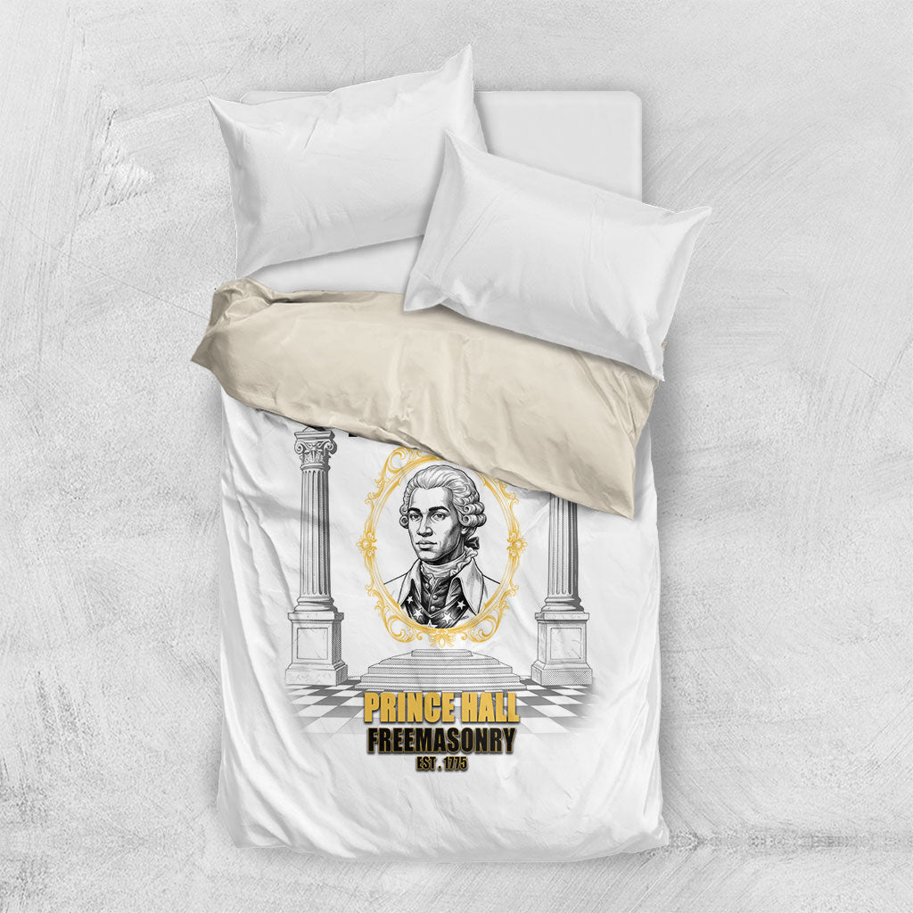 Personalized Prince Hall Freemasonry Bedding Set Masonic Square And Compass Vintage Gold Pillar Illustration