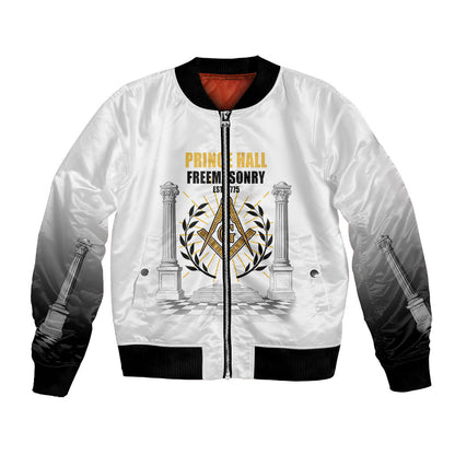 Personalized Prince Hall Freemasonry Bomber Jacket Masonic Square And Compass Vintage Gold Pillar Illustration