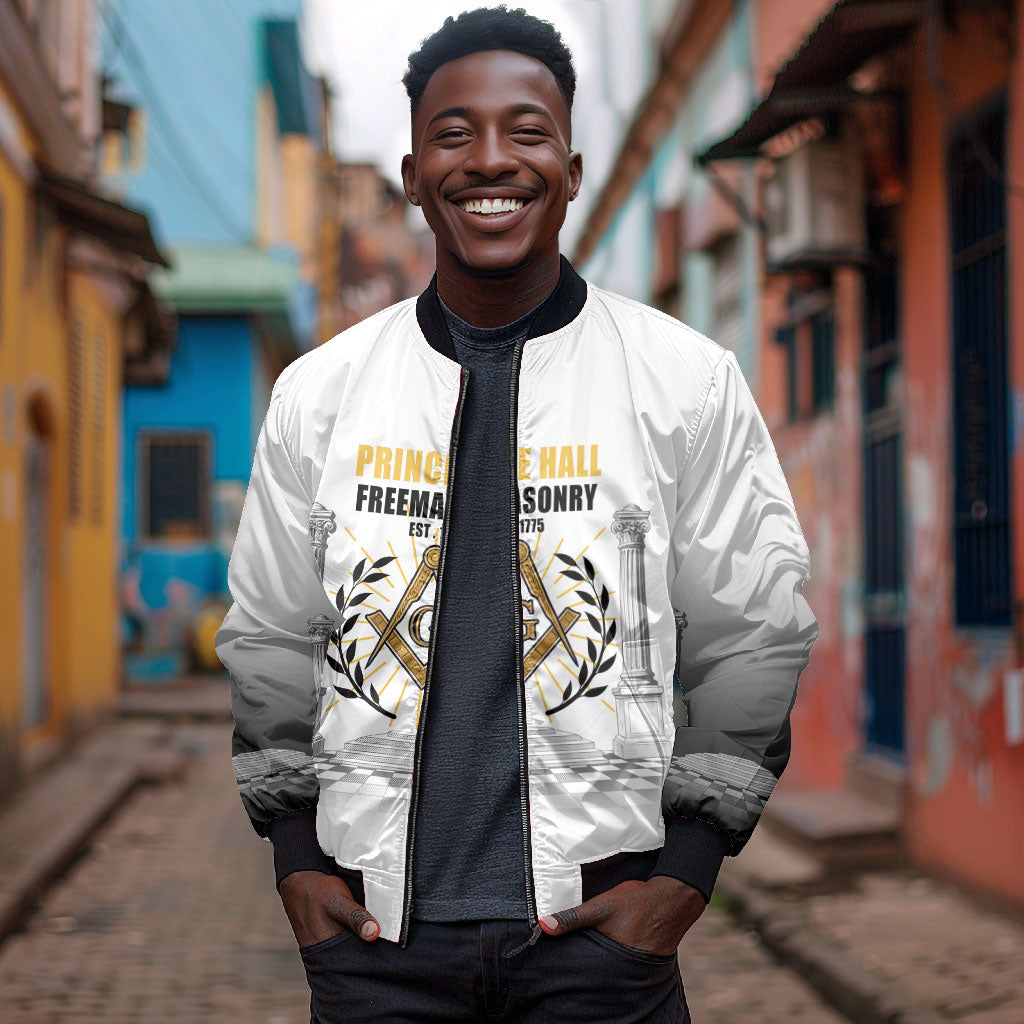 Personalized Prince Hall Freemasonry Bomber Jacket Masonic Square And Compass Vintage Gold Pillar Illustration