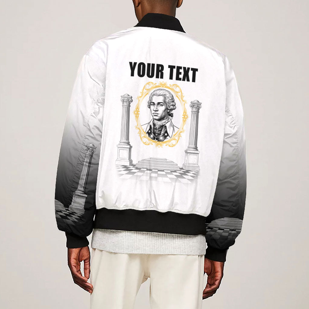 Personalized Prince Hall Freemasonry Bomber Jacket Masonic Square And Compass Vintage Gold Pillar Illustration