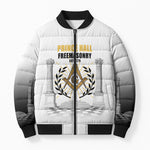 Personalized Prince Hall Freemasonry Bomber Puffer Jacket Masonic Square And Compass Vintage Gold Pillar Illustration